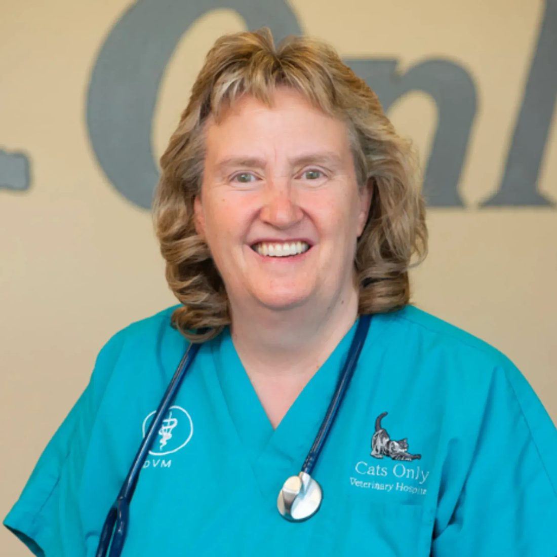 Smiling veterinarian in teal scrubs with stethoscope at Cats Only clinic